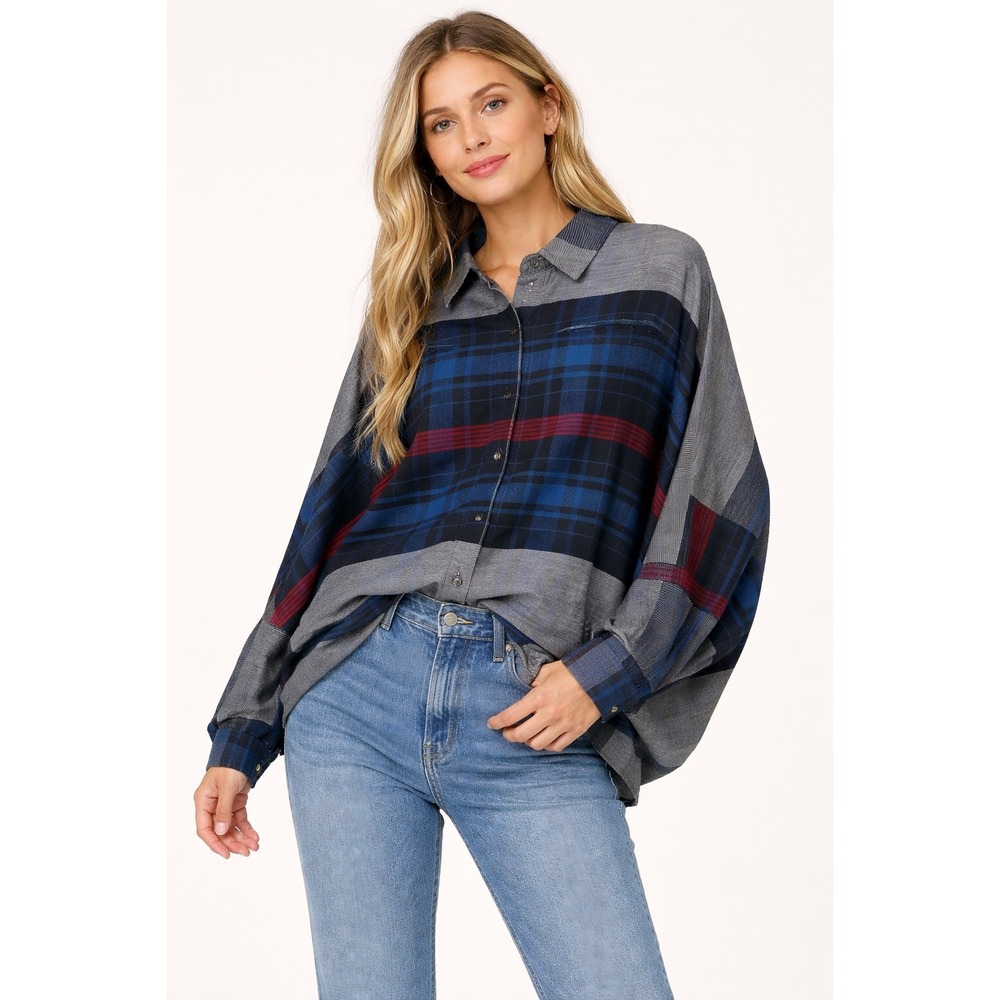 Ted Sollod Top Plaid Dolman Sleeve Button Up Shirt Womens Size‎ Small Oversized